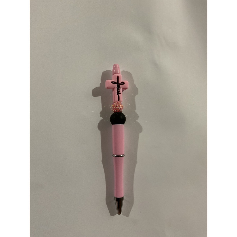Pink Jesus Cross Beaded Pen Religious Faith Gift Silicone Rhinestone Ballpoint